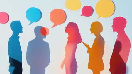 A striking representation of people engaging in conversation, highlighted by colorful silhouettes and vivid speech bubbles, illustrating the importance of communication and connection.の素材