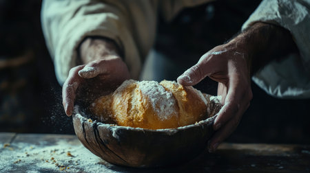 A close-up of Jesus hands breaking bread during the Last Supper, a symbol of Christian unity and communionの素材