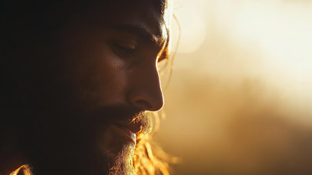 A powerful image of Jesus face in a serene, calming light, symbolizing peace and spiritual guidanceの素材