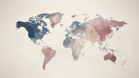 Simple world map with a muted color palette, showing continents in soft tonesの素材