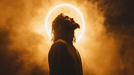 A depiction of Jesus in a halo of light, symbolizing his divinity and role in Christianityの素材
