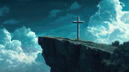 Cross on a cliff edge with vast sky behind, providing space for bold and hopeful copyの素材