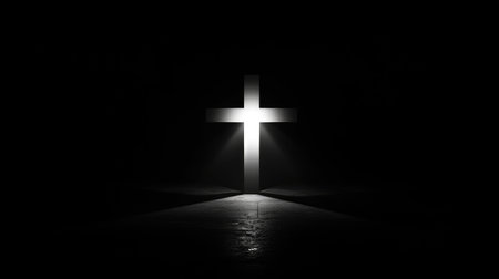 Cross silhouette with a radiant light source, ideal for messages of hope and enlightenmentの素材