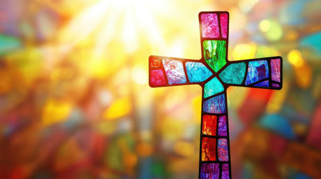 Cross in stained glass window with vibrant colors, with space for inspirational textの素材