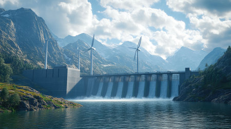 Dam releasing water through turbines with mountain backdrop, illustrating eco-conscious electricity generationの素材