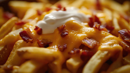 A close-up of loaded fries with cheese, bacon bits, and sour cream, a tempting comfort foodの素材