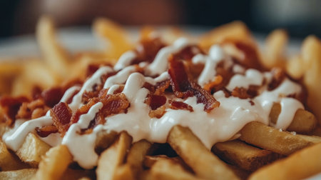 A close-up of loaded fries with cheese, bacon bits, and sour cream, a tempting comfort foodの素材