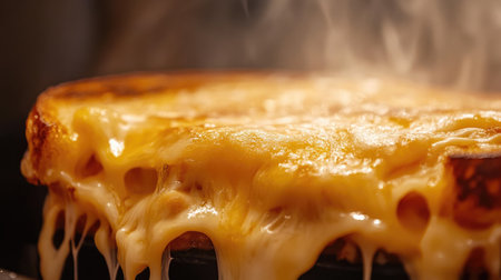 A close-up of a hot, gooey grilled cheese sandwich with melting cheese and golden, crisp edgesの素材