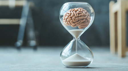 Minimalist concept of brain in hourglass with sand flowing around, symbolizing limited time for thinkingの素材