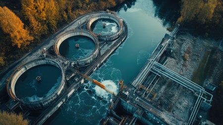 Overview of wastewater treatment plant near a river, showcasing the balance between industry and environmentの素材