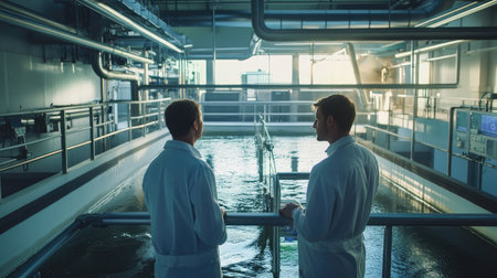 Engineers monitoring digital systems at a wastewater plant, highlighting precision in eco-managementの素材
