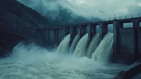 Hydroelectric dam releasing water in powerful streams, with scenic mountains representing green energyの素材