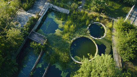 Overhead shot of a wastewater treatment plant integrated with nature, promoting environmental harmonyの素材