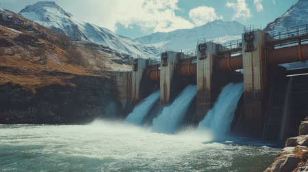 Close-up of water spinning through dam turbines, with mountain landscape representing sustainable energyの素材