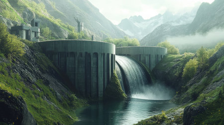 Hydroelectric dam in action, with water spinning through turbines and green mountain surroundingsの素材