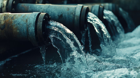 Close-up of factory pipes releasing contaminated water, symbolizing environmental degradationの素材