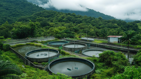 Overview of green surroundings and water tanks at a wastewater treatment plant, promoting water conservationの素材