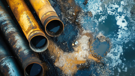 Overhead view of industrial pipes releasing contaminants into the ground, symbolizing pollutionの素材
