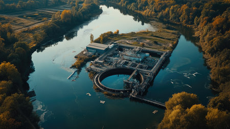 Overview of wastewater treatment plant near a river, showcasing the balance between industry and environmentの素材
