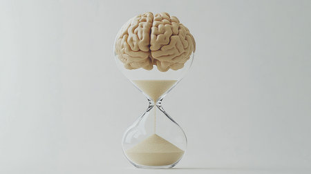 Brain in hourglass with falling sand, representing time-bound thinking, on a simple white backgroundの素材