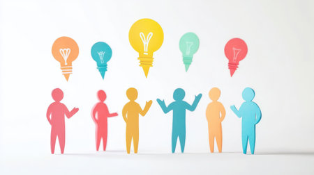 Vibrant paper cutouts symbolize a diverse group of individuals exchanging ideas, with colorful light bulbs representing creativity and inspiration in a collaborative setting.の素材