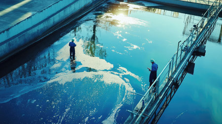 Engineers inspecting water quality at a treatment facility, emphasizing eco-conscious practicesの素材