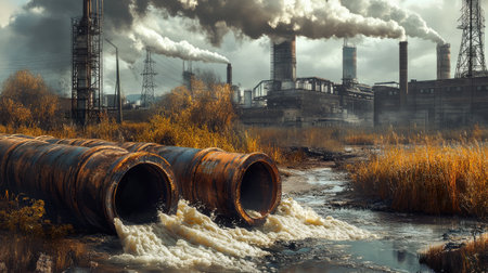 Rusted pipes ejecting hazardous waste, with industrial plant and smokestacks visible in backgroundの素材