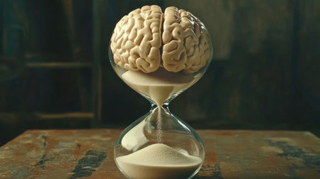 Brain inside hourglass, sand flowing beneath, symbolizing the finite nature of time for mental tasksの素材