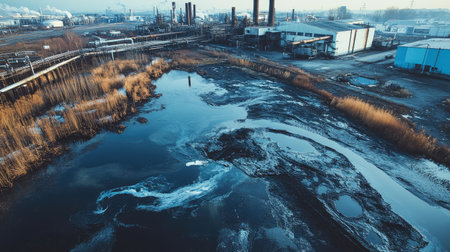 Aerial view of pipes releasing dark waste into water, with industrial buildings in the distance, illustrating pollutionの素材