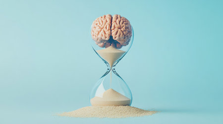 Brain trapped in an hourglass with sand around, symbolizing limited mental time, on a plain backgroundの素材