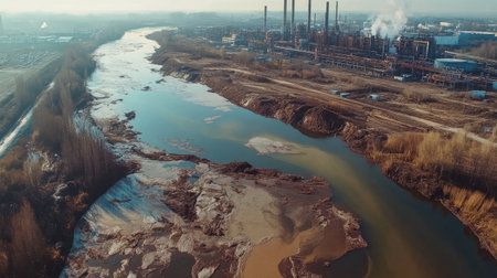 Aerial view of sludge pouring from pipes into river near a large industrial complexの素材