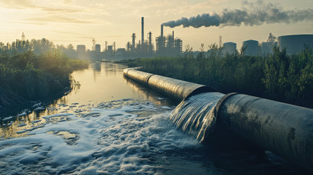 Toxic waste pouring from large metal pipes into a river, with an industrial plant visible behindの素材