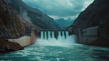 Hydroelectric dam releasing water in powerful streams, with scenic mountains representing green energyの素材