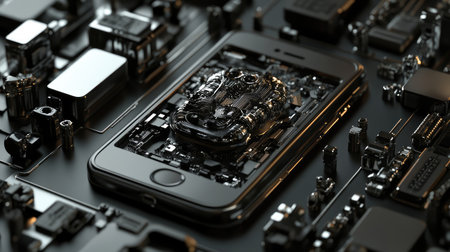 3D render of a smartphone with central AI brain, metallic robotic parts surrounding itの素材
