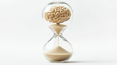 Hourglass with brain inside, sand flowing to symbolize balance between time limits and thoughts, white backgroundの素材