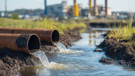 Pipes expelling hazardous waste into soil near a factory, representing environmental harmの素材