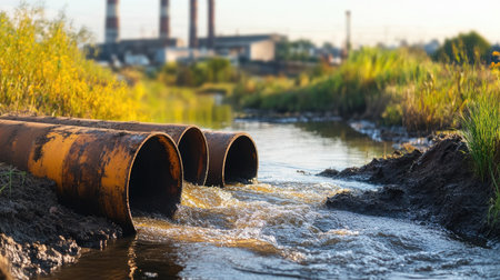 Rusted pipes releasing hazardous waste into a stream, with smokestacks of a factory visibleの素材