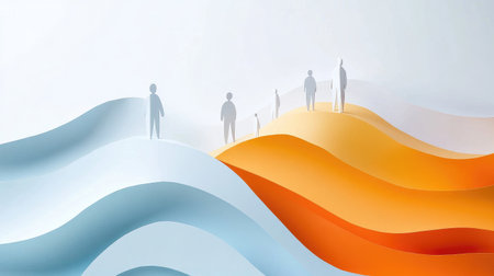 This abstract illustration features human figures on colorful wavy hills, symbolizing connection, creativity, and diversity in a serene and harmonious landscape.の素材