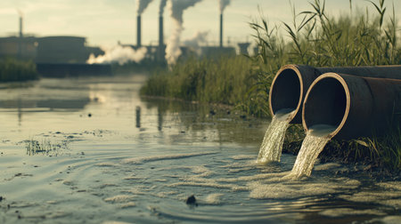 Industrial pipes discharging pollutants into a lake, symbolizing pollution and industrial wasteの素材
