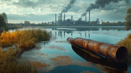 Toxic liquid flowing from corroded pipes into a lake, with an industrial plant in the backgroundの素材