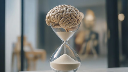 Brain in an hourglass with sand slowly flowing, illustrating the connection of mental focus and time limitsの素材