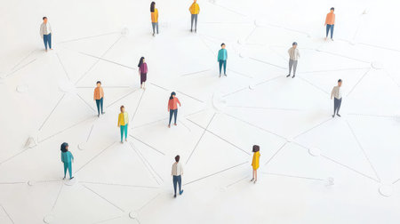 A diverse group of people stands connected by lines on a clean white background, representing themes of communication, collaboration, and networking in contemporary society.の素材