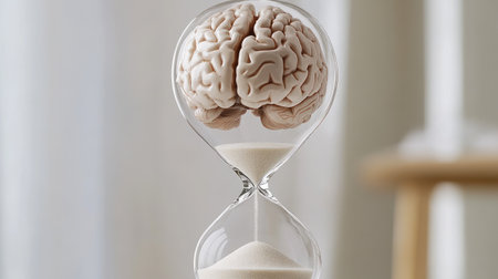 Brain and sand in hourglass, illustrating the tension between thought and time, with a plain backgroundの素材