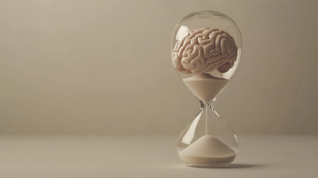 Concept of brain inside an hourglass, sand flowing down, illustrating limited time for ideas, plain backgroundの素材