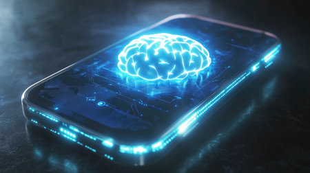 3D futuristic mobile phone design with AI brain glowing at the core, robotic detailing around edgesの素材