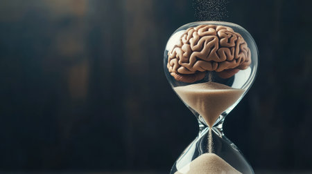 Hourglass with brain at the top and sand falling, symbolizing the draining of thoughts over time, simple settingの素材