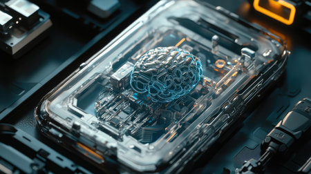 Mobile device with transparent case revealing AI brain in center, surrounded by robotic detailsの素材