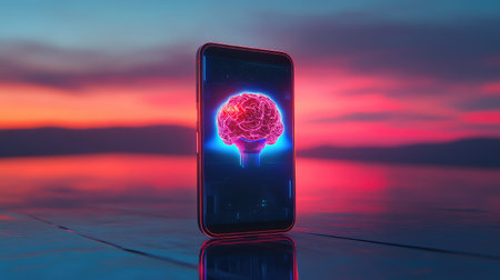 Futuristic mobile phone with robotic frame, AI brain glowing in center, minimal backgroundの素材