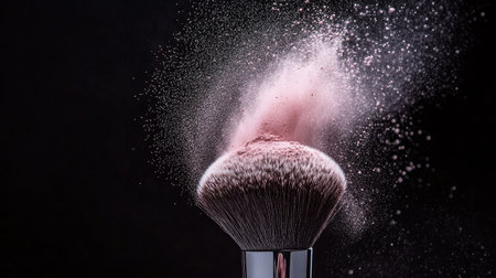 A mesmerizing cloud of pink powder bursts from a makeup brush against a dark backdrop, showcasing the art of beauty and the allure of cosmetics in a stunning visual display.の素材