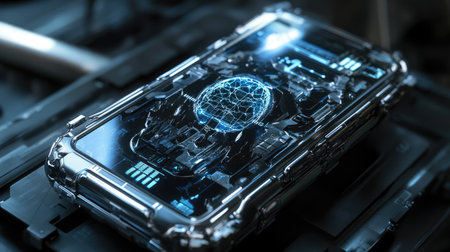 Mobile device with AI brain core and robotic frame, metallic futuristic design showcasing techの素材